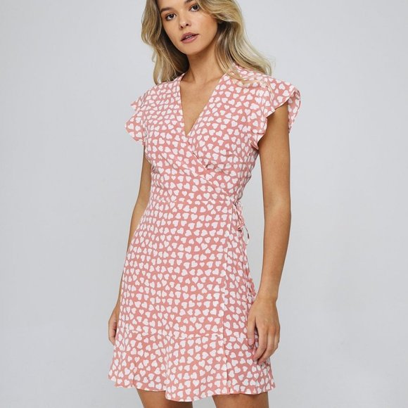 Rails Silk Leanne Heart Print Wrap Pink Dress, great wi/ brown or tan sandals - Picture 1 of 1